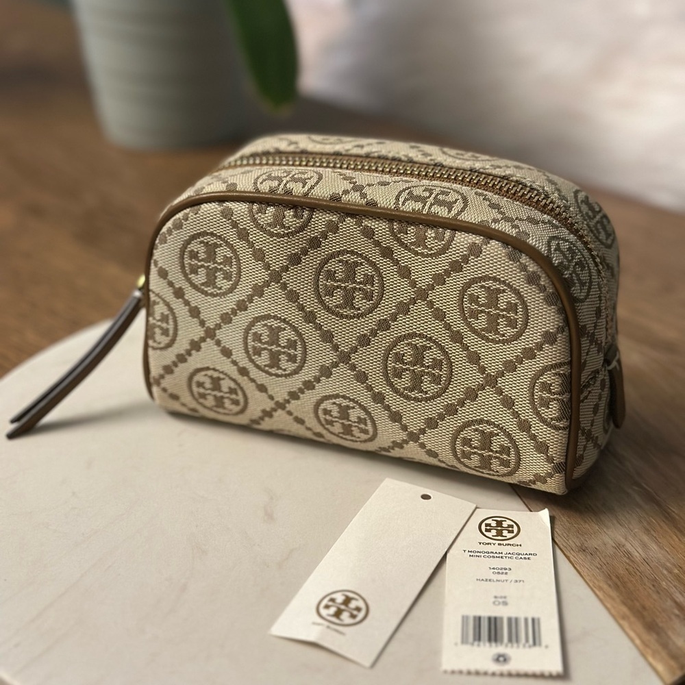 NWT! NEW! Tory Burch T Monogram Jacquard Cosmetic Pouch hazelnut women - Picture 1 of 6